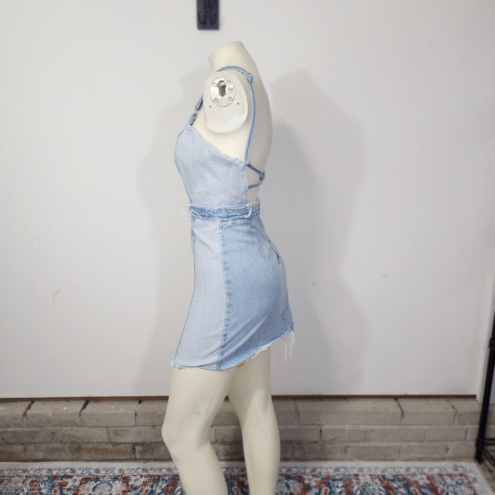 Zara TRF Denim Makers Light Wash Mini Dress XS distressed Open Back cotton - Picture 4 of 13